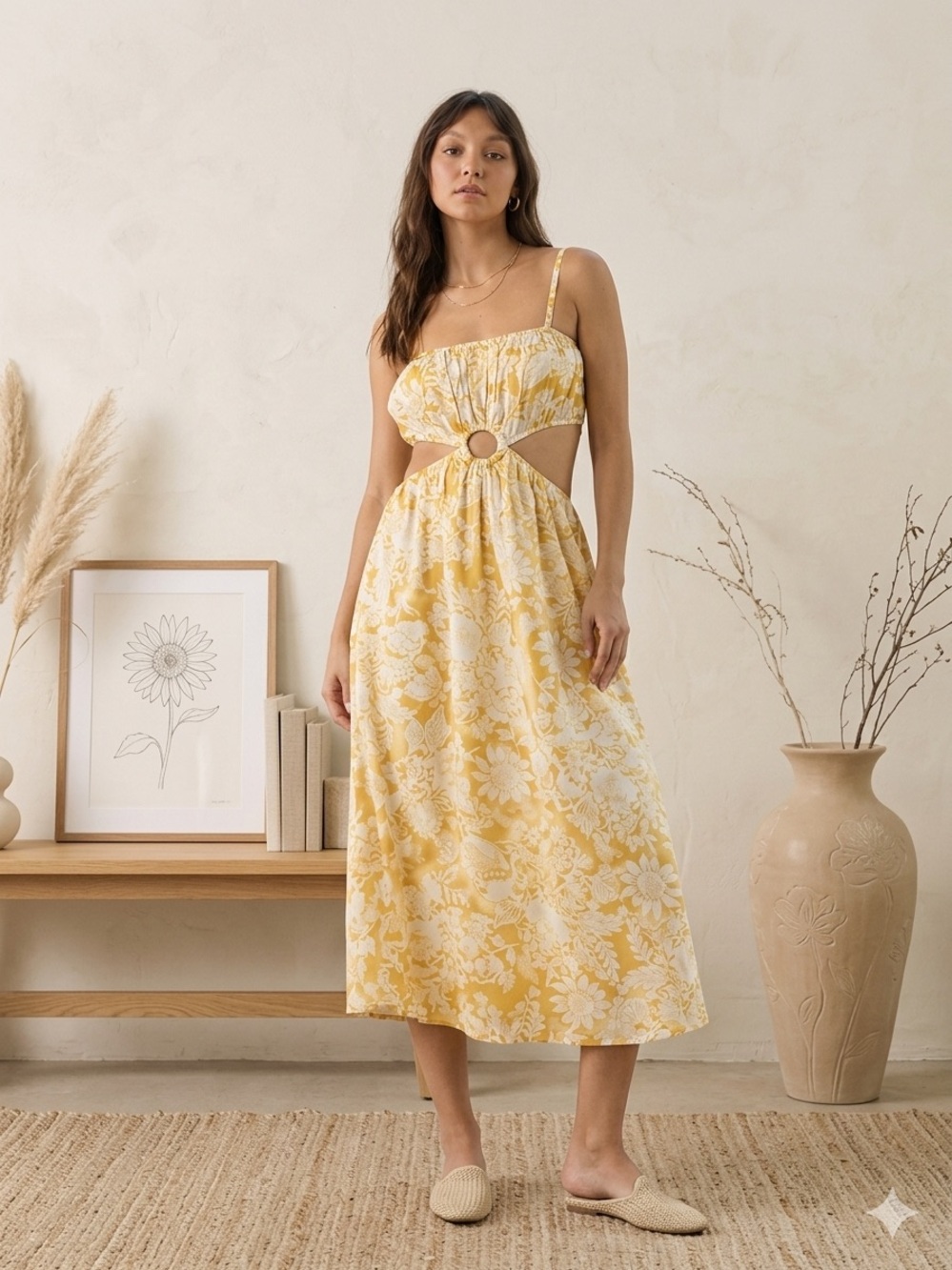 Lord & Taylor LENA Floral Cutout Midi Dress Mustard M NWOT